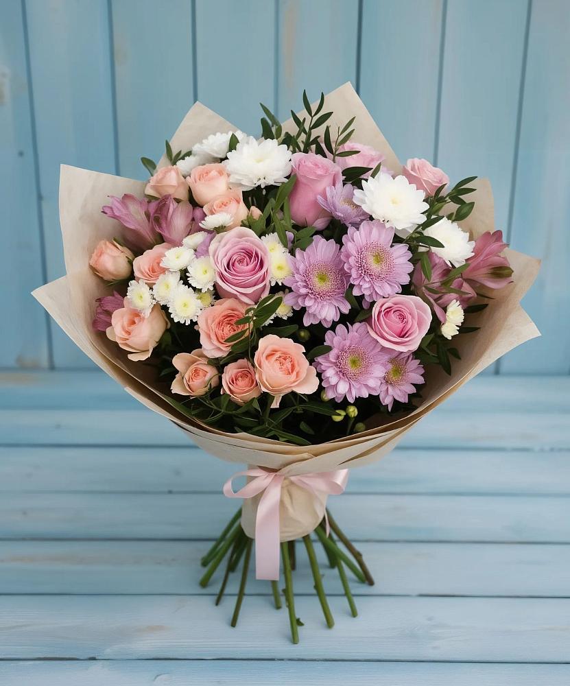 Букет цветов из: Хризантемы, Розы и Альстромерии в Калиновской