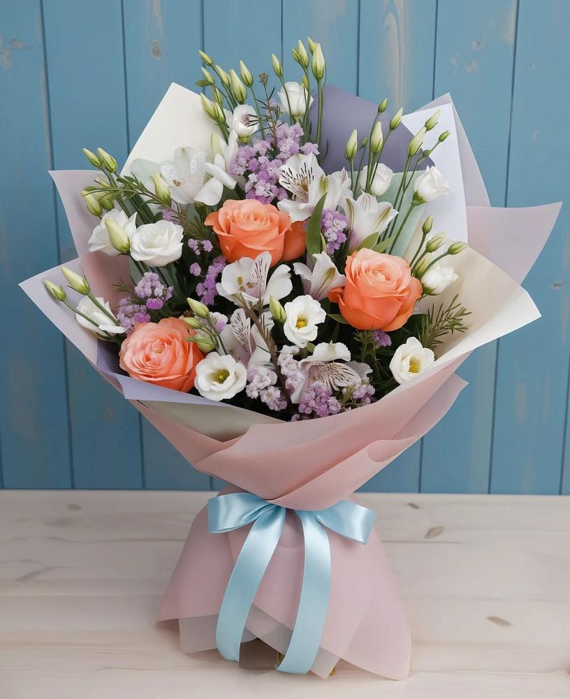 Букет цветов из: Лизиантусы, Розы, Альстромерии и Гипсофила в Калиновской