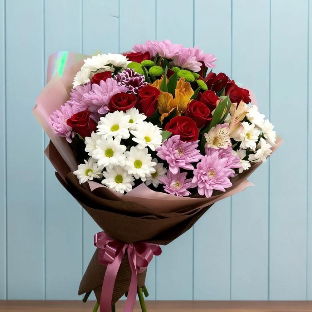 Букет цветов из: Розы, Хризантемы и Альстромерии в Калиновской