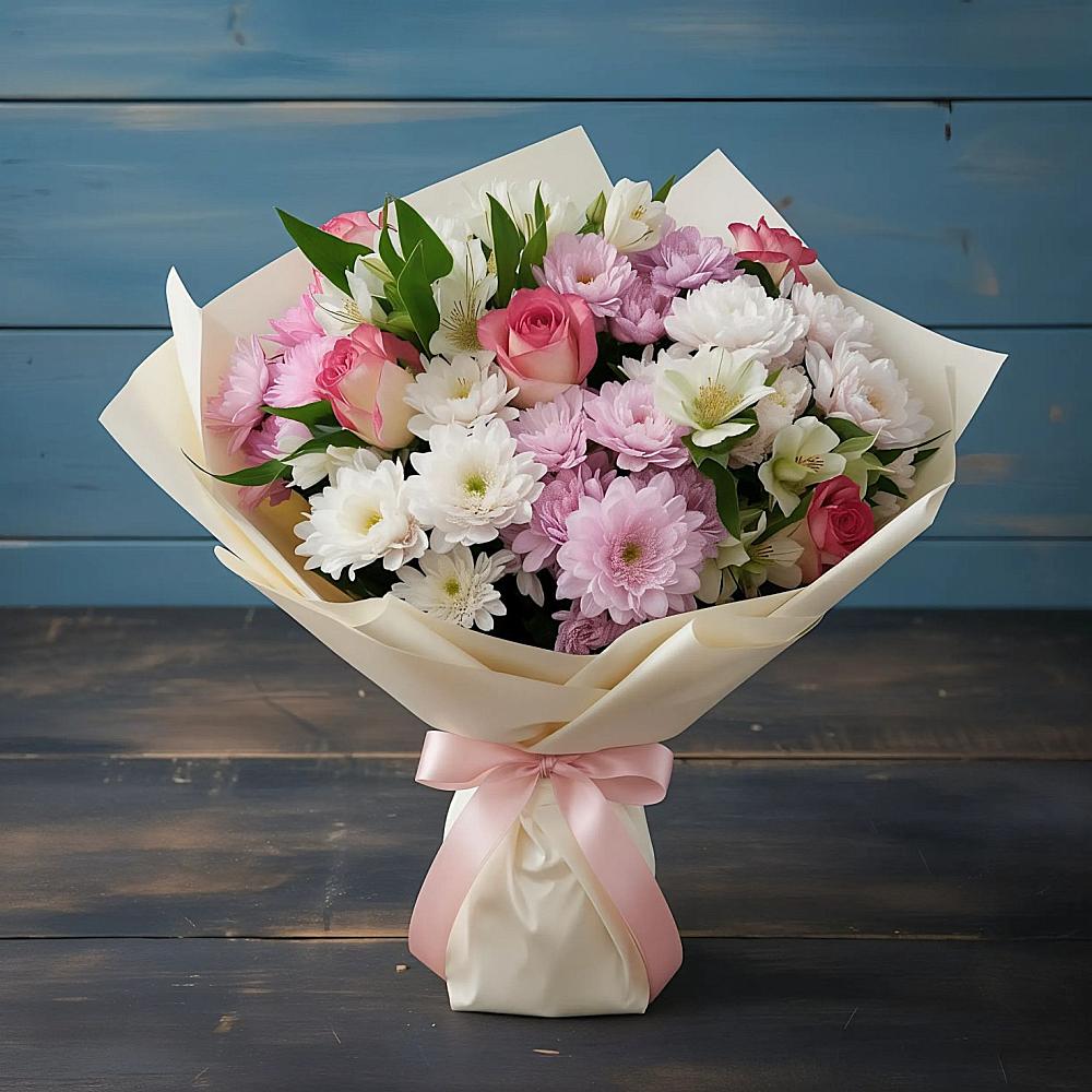 Букет цветов из: Хризантемы, Альстромерии и Розы в Калиновской